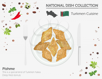 Turkmen Cuisine. Asian national dish collection. Pishme isolated on white, infograpic. Vector illustration
