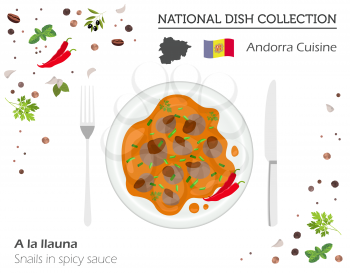 Andorra Cuisine. European national dish collection. Snails in spicy sauce isolated on white, infographic. Vector illustration