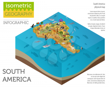 Isometric 3d South America flora and fauna map elements. Animals, birds and sea life. Build your own geography infographics collection. Vector illustration