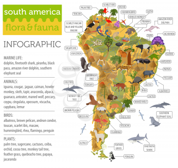 South America flora and fauna map, flat elements. Animals, birds and sea life big set. Build your geography infographics collection. Vector illustration