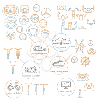 Equipment for transport driving set. Helmet, rudder, steering wheels thin line icons. Vector illustration