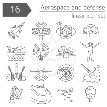Aerospace and defense, military aircraft icon set. Thin line design for creating infographics. Vector illustration
