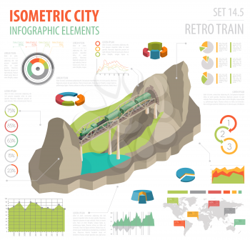3d isometric retro railway with steam locomotive and carriages. City map constructor elements. Build your own infographic collection. Vector illustration