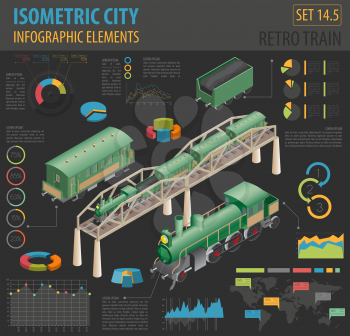 3d isometric retro railway with steam locomotive and carriages. City map constructor elements. Build your own infographic collection. Vector illustration