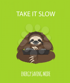 The story of one sloth. At work, study. Funny cartoon sloths in different postures set. Vector illustration