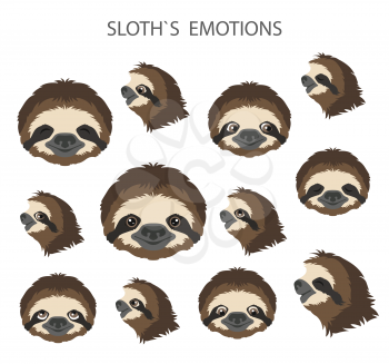 Sloth face emotions collection. Funny cartoon animals. Vector illustration