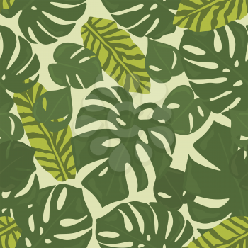 Monstera tropical forest leaves background. Green seamless pattern. Vector illustration