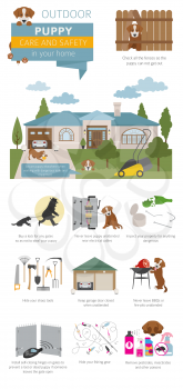 Puppy care and safety in your home. Outdoor. Pet dog training infographic design. Vector illustration