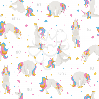 White unicorn yoga poses and exercises. Cute cartoon seamless pattern. Vector illustration