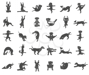 Yoga dogs poses and exercises doing clipart. Monochrome silhouette. Funny cartoon poster design. Vector illustration