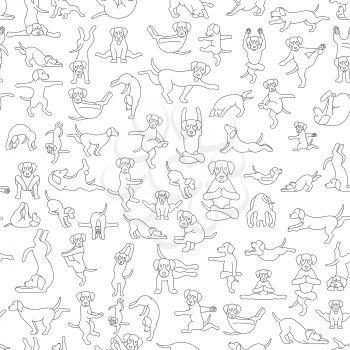Yoga dogs poses and exercises doing clipart. Funny cartoon simple outline seamless pattern design. Vector illustration