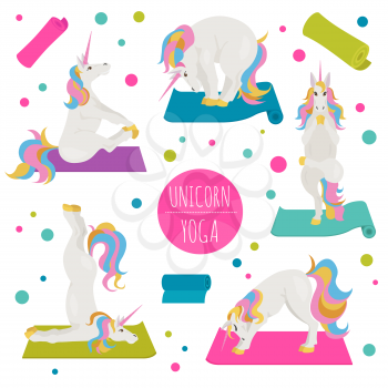 White unicorn yoga poses and exercises. Cute cartoon clipart set. Vector illustration