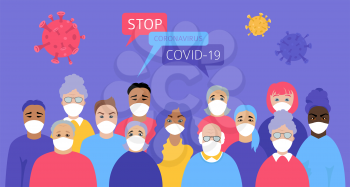 Many different ages and nationatily people in medical face mask. Quarantine, stop coronavirus epidemic design concept. Vector illustration