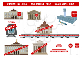 Quarantine area, stop coronavirus epidemic design concept. Airport, public places closed. Vector illustration