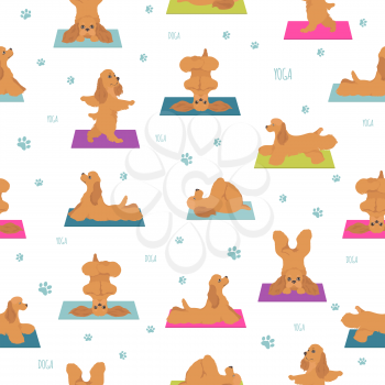 Yoga dogs poses and exercises seamless pattern design. American cocker spaniel clipart. Vector illustration