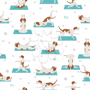 Yoga dogs poses and exercises seamless pattern design. English pointer clipart. Vector illustration