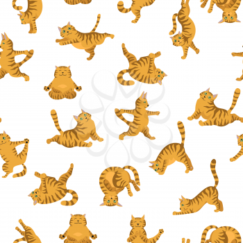 Cats yoga seamless pattern. Different yoga poses and exercises. Striped and tabby cat colors. Vector illustration