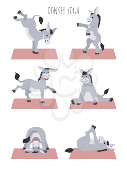 Donkey yoga poses and exercises. Cute cartoon clipart set. Vector illustration