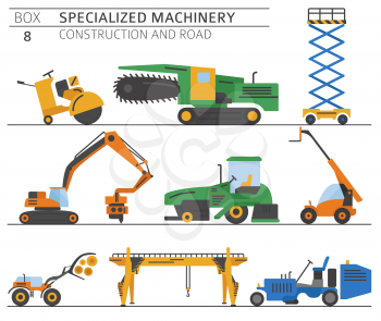 Special industrial construction and road machine coloured vector icon set isolated on white. Illustration