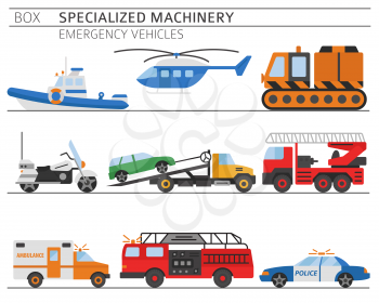Specialized machines, emergency vehicles colour vector icon set isolated on white. Illustration