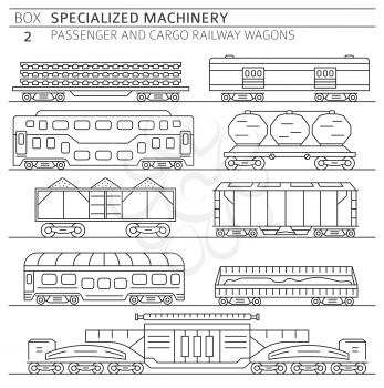 Special machinery collection. Passenger and cargo railway wagons linear vector icon set isolated on white. Illustration