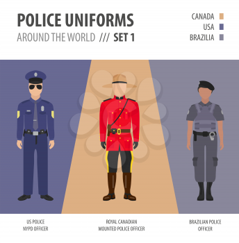 Police uniforms around the world. Suit, clothing of american police officers vector illustrations set