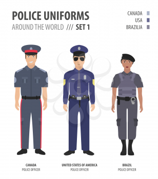 Police uniforms around the world. Suit, clothing of american police officers vector illustrations set