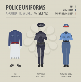 Police uniforms around the world. Suit, clothing of australian and oceanian police officers vector illustrations set