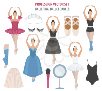 Profession and occupation set. Ballerina equipment flat design icon. Different suits of ballet dancer. Vector illustration 