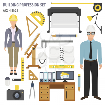 Profession and occupation set. Architect tools workplace equipment. Vector illustration 