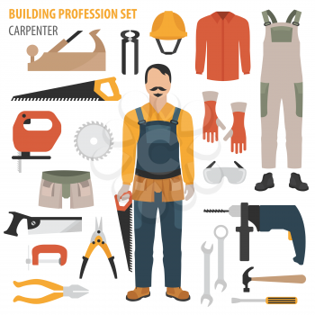 Profession and occupation set. Carpenter tools and  equipment. Uniform flat design icon. Vector illustration 