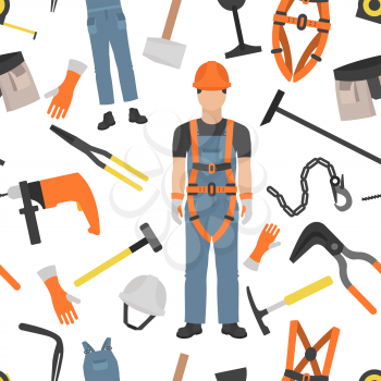 Profession and occupation set. Roofer tools and equipment. Seamless pattern. Vector illustration 