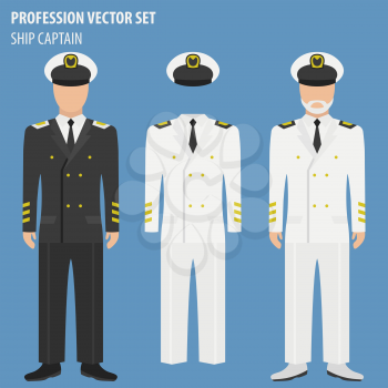 Profession and occupation set. Ship captain suit and equipment. Uniform flat design icon. Vector illustration 