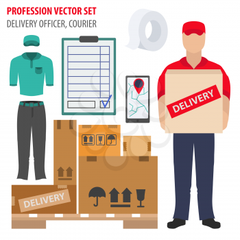 Profession and occupation set. Delivery officer equipment, courier uniform flat design icon.Vector illustration 