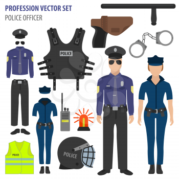 Profession and occupation set. Police officer equipment, uniform flat design icon.Vector illustration 