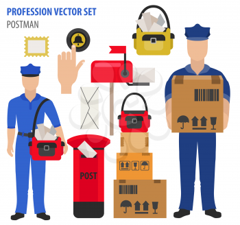 Profession and occupation set. Postman`s equipment, uniform flat design icon.Vector illustration 