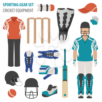 Sporting gear set. Cricketer equipment and accessories flat design icon.Vector illustration 