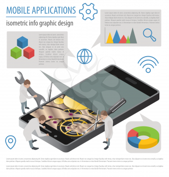 Mobile applications technology isometric infographic collection. Software development and installation. Vector illustration