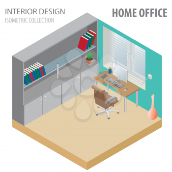 3d isometry interior design collection. Home office. Vector illustration