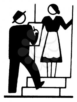 Royalty Free Clipart Image of a Salesman at a Door