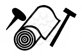 Royalty Free Clipart Image of a Roll of Carpet, a Hammer and Nail