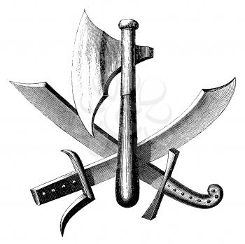 Royalty Free Clipart Image of a Battle Axe and Swords