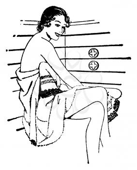 Royalty Free Clipart Image of a Woman in a Sauna Wrapped in a Towel 