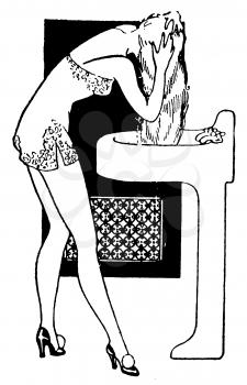 Royalty Free Clipart Image of a Woman Washing Her Hair in the ink 