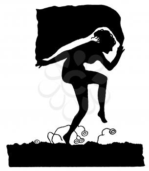 Royalty Free Silhouette Clipart Image of a Naked Woman Dancing Outside Waving Around a Blanket