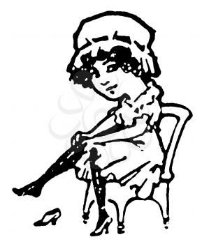 Royalty Free Clipart Image of a Cartoon Woman Putting on Hosiery 