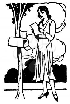 Royalty Free Clipart Image of a Woman Reading a Letter From the Mailbox