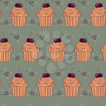 Vector seamless pattern with decorative cupcakes in vintage colors 