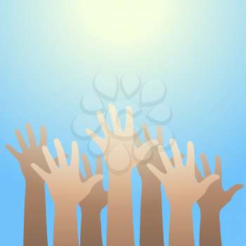 Hands raised up to the light. Faith and hope concept. Vector illustration