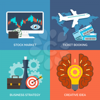 Set of flat design concept icons for business. Stock market, Ticket booking, Business strategy and Creative idea. Vector Illustration.